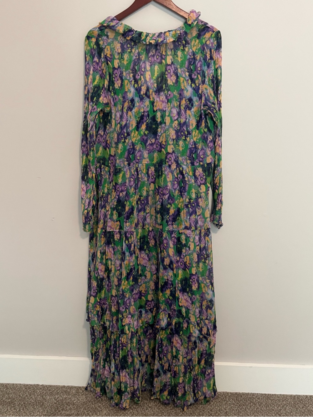 Anthropologie Marais Dress XL Chiffon Purple Green Boho Ruffle Maxi Balloon - Picture 12 of 12